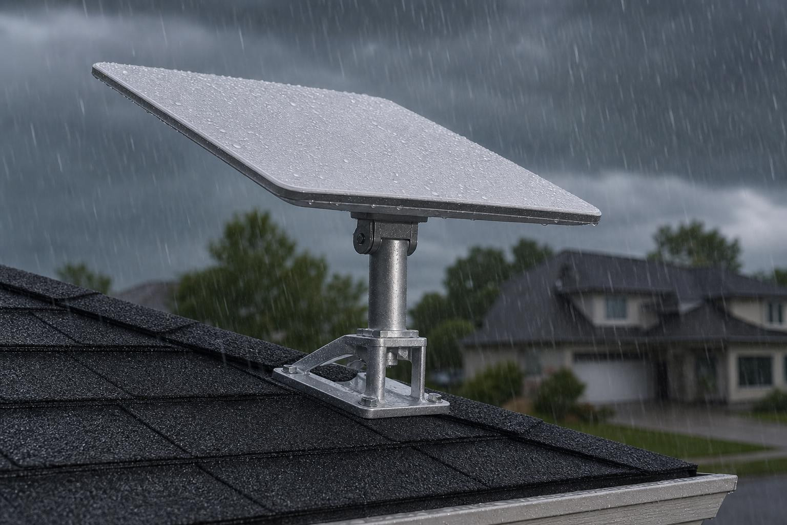 A precision-machined SpaceTek roof mount holding a Starlink Gen 3 dish perfectly steady during a heavy downpour