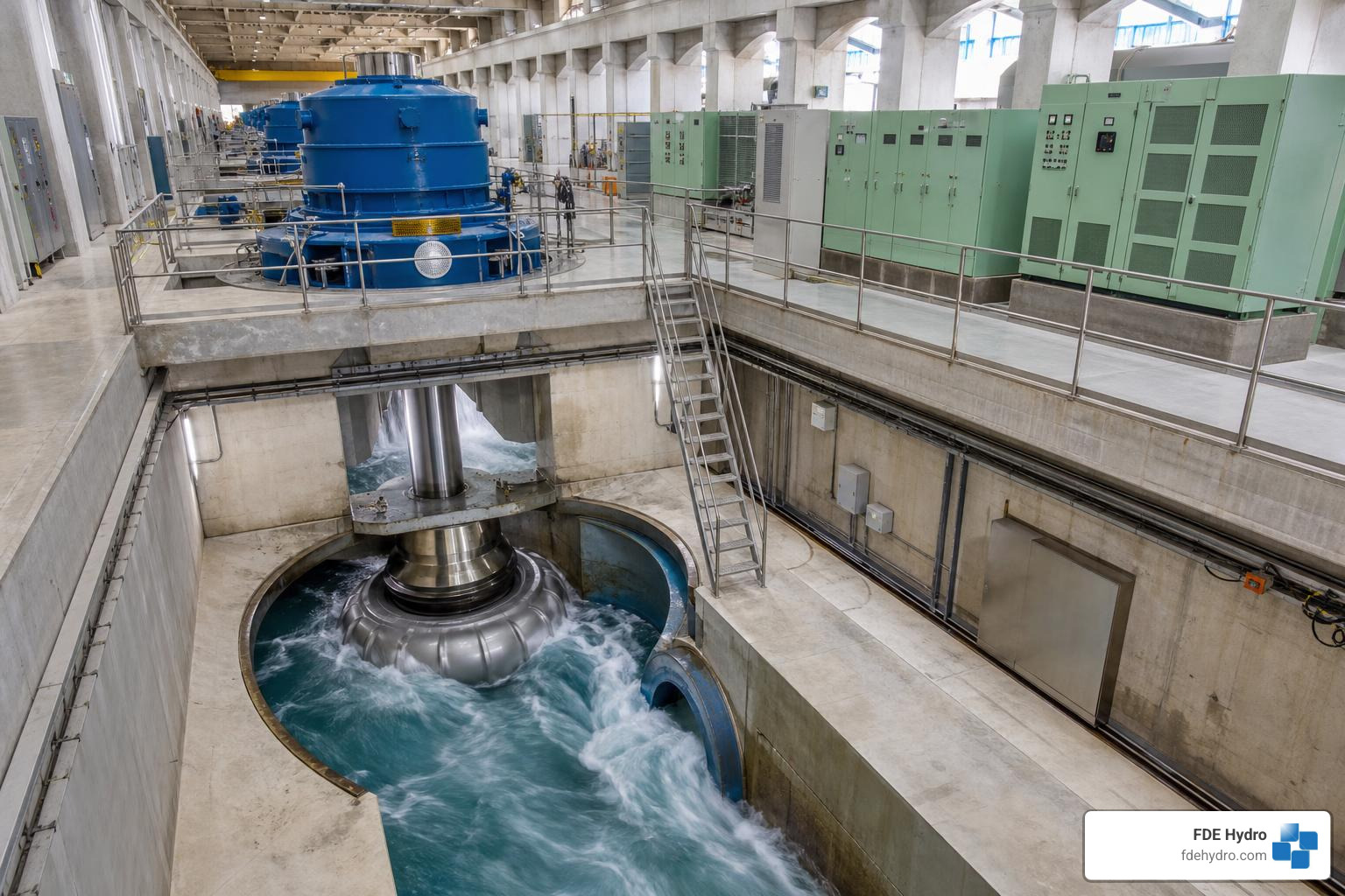A conventional dam powerhouse converting the kinetic energy of water into electricity