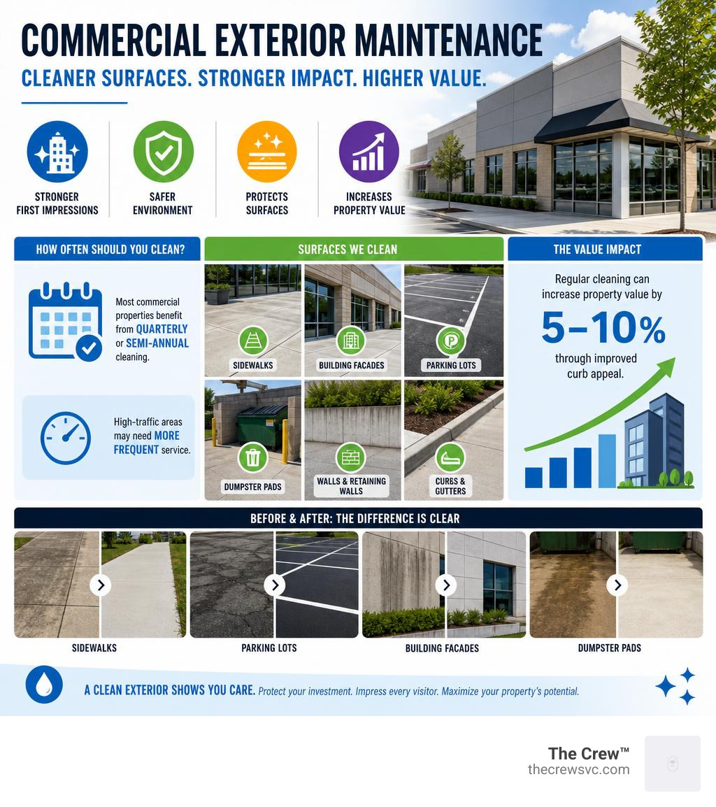 infographic showing commercial exterior maintenance benefits frequency surfaces and property value impact infographic