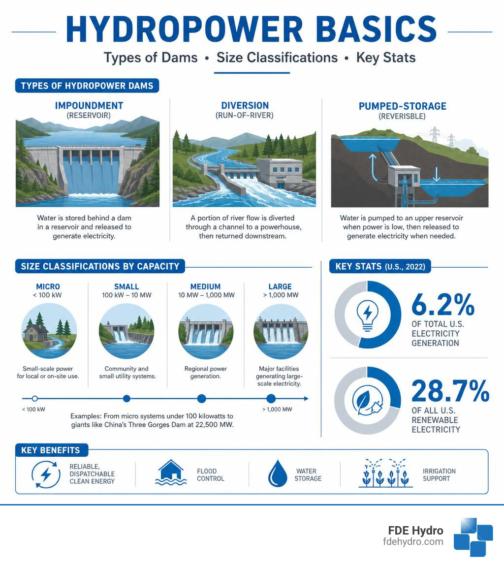 Infographic showing hydropower basics: types of dams, size classifications, and key stats like 6.2% U.S. electricity share