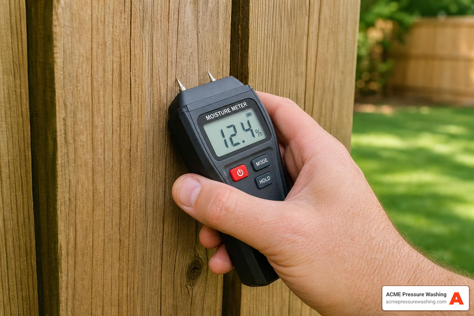 Using a moisture meter to test a wood fence board
