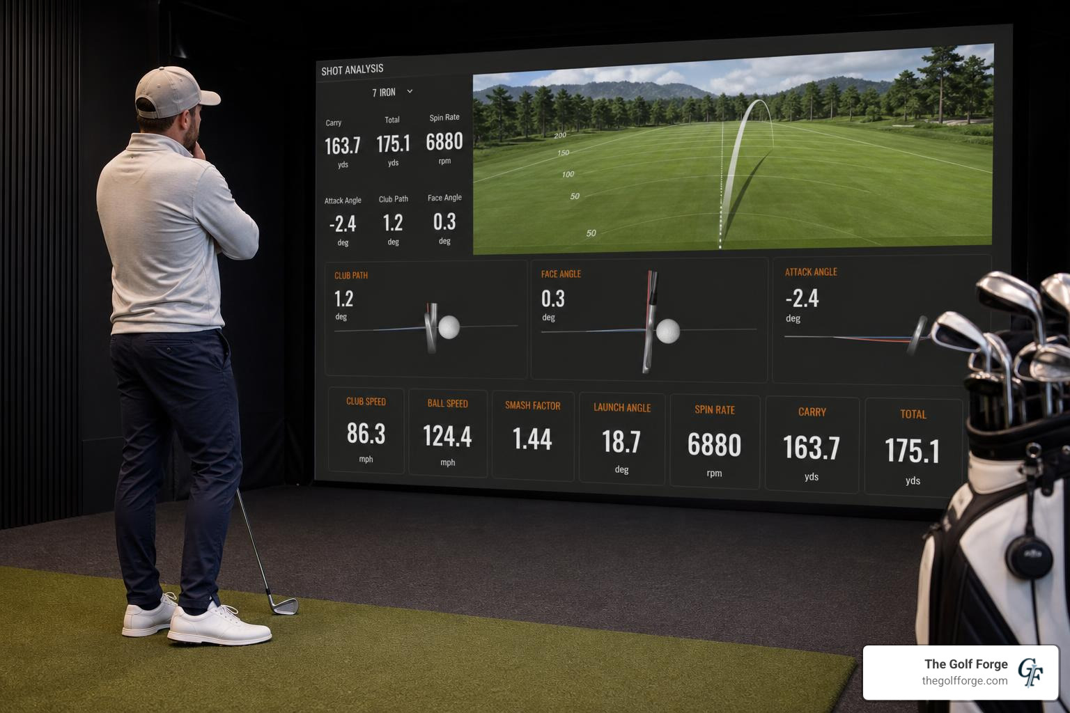 Golfer analyzing swing data on a launch monitor screen Golfer analyzing swing data on a launch monitor screen