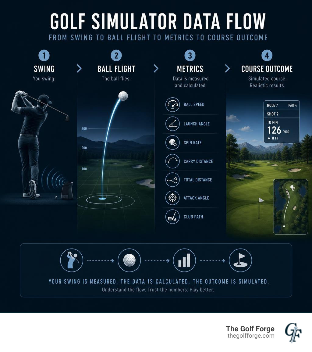 Golf simulator data flow: from swing to ball flight to metrics to course outcome infographic Golf simulator data flow: from swing to ball flight to metrics to course outcome infographic