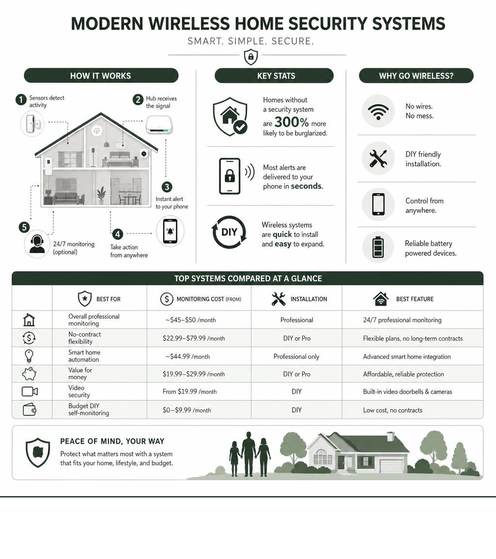 Infographic showing how modern wireless home security systems work, key stats, and top system comparison infographic