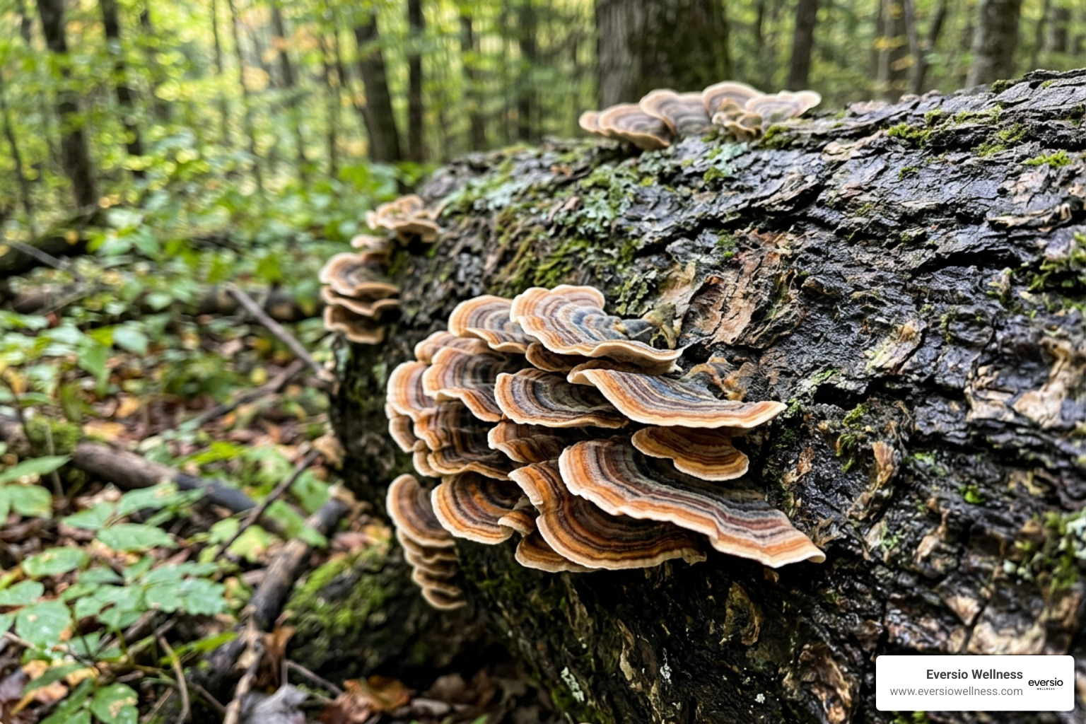Wild turkey tail fungi growing in tiered shelves on a fallen forest log, useful for identifying and learning about Turkey Tail extract side effects.