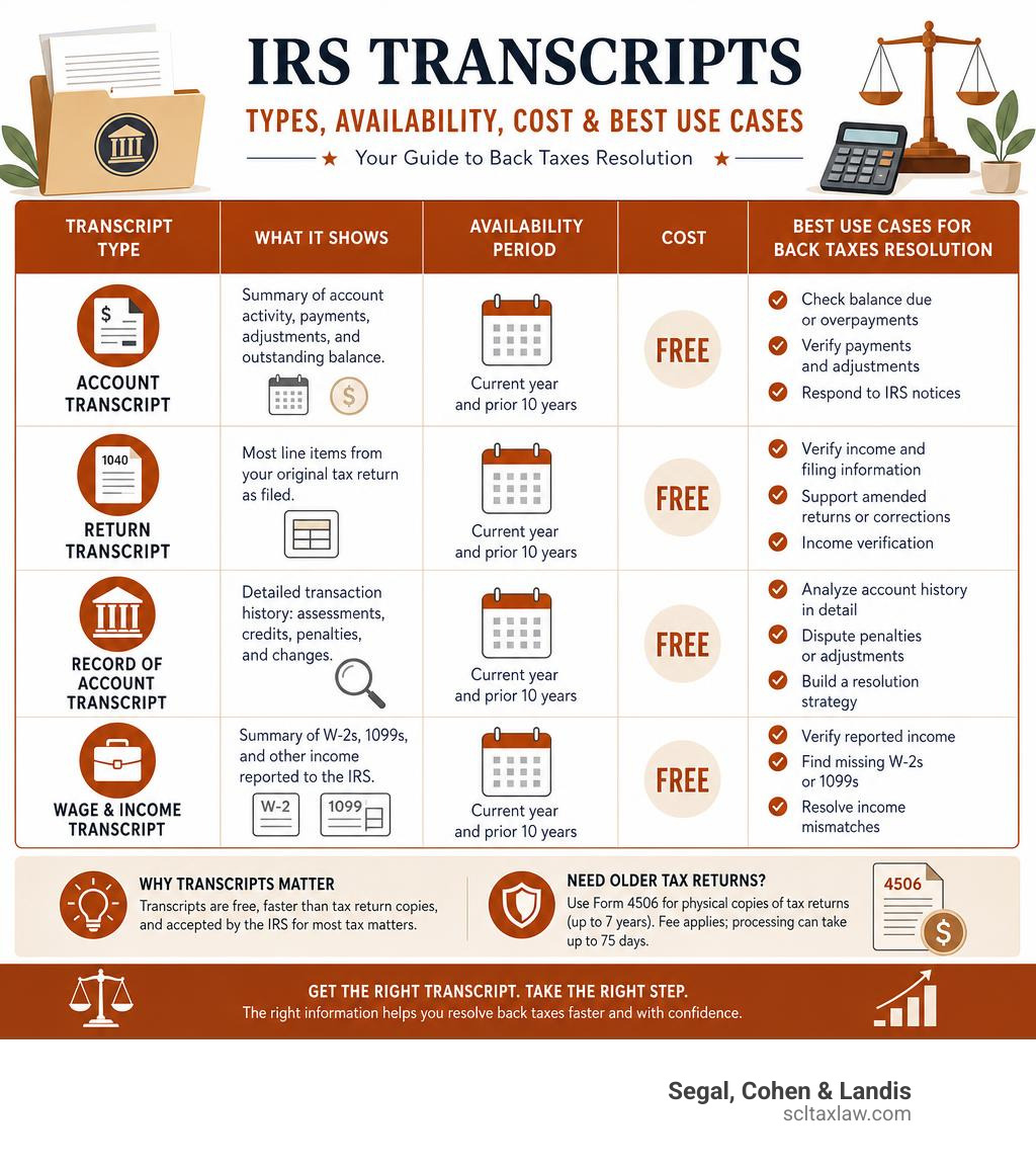 Types of IRS transcripts, availability period, cost, and best use cases for back taxes resolution infographic