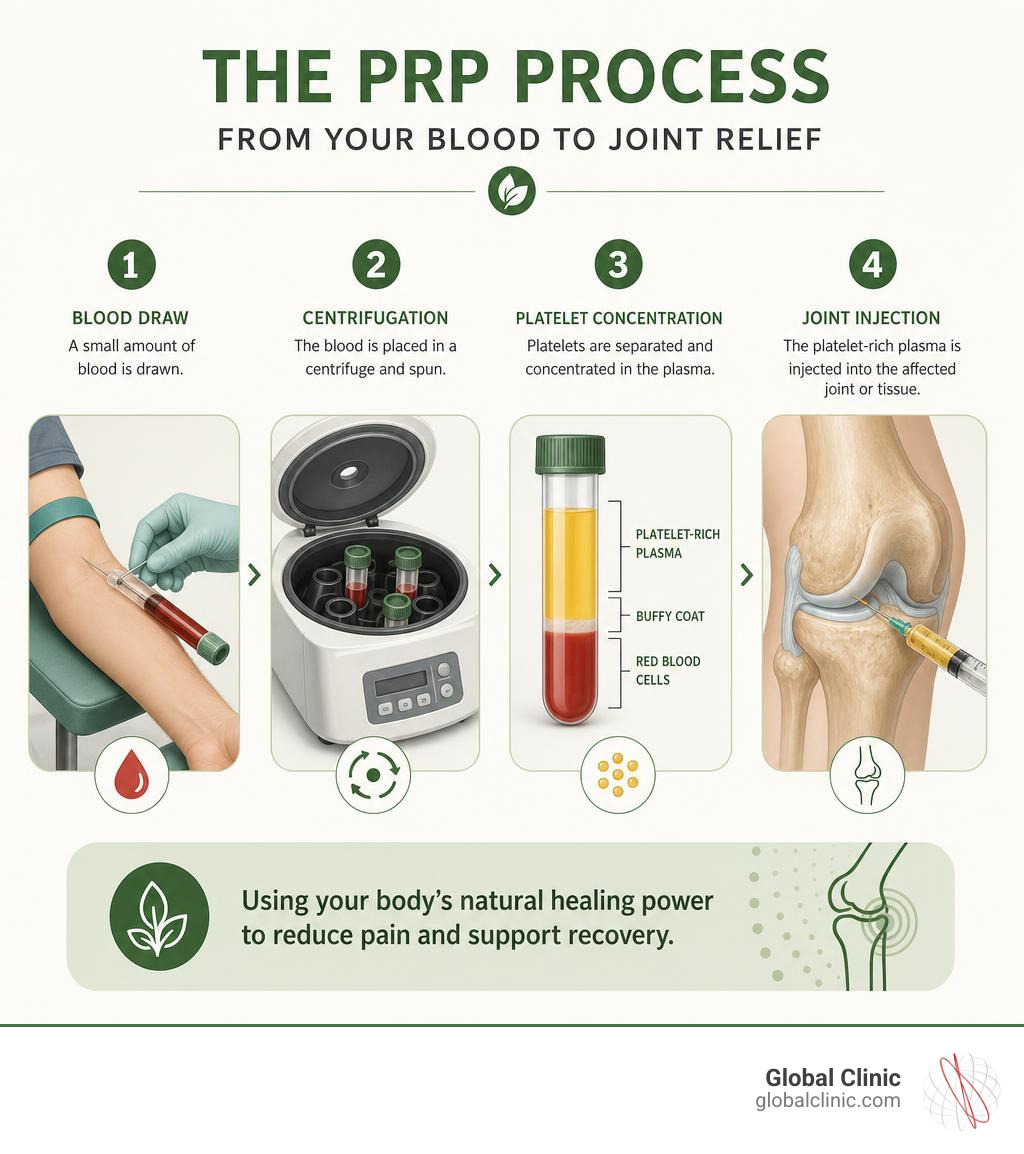 Infographic showing the PRP preparation process: blood draw, centrifugation, platelet concentration, and joint injection