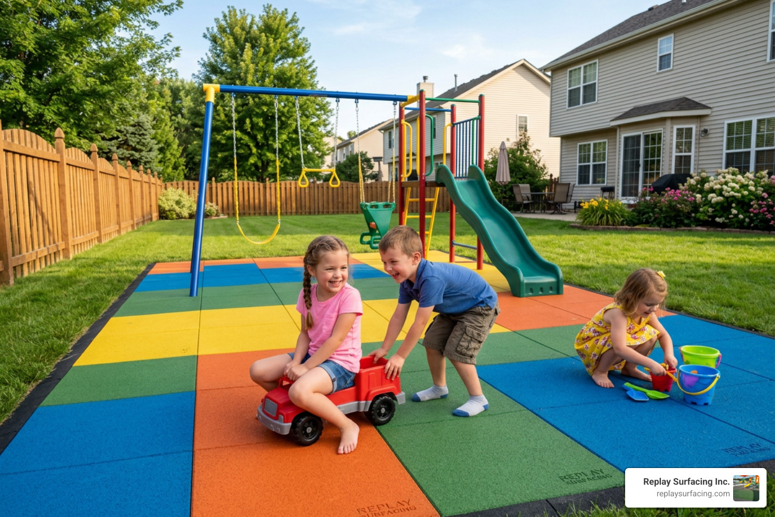 Children playing safely on rubber tiles in a sunny backyard Children playing safely on rubber tiles in a sunny backyard