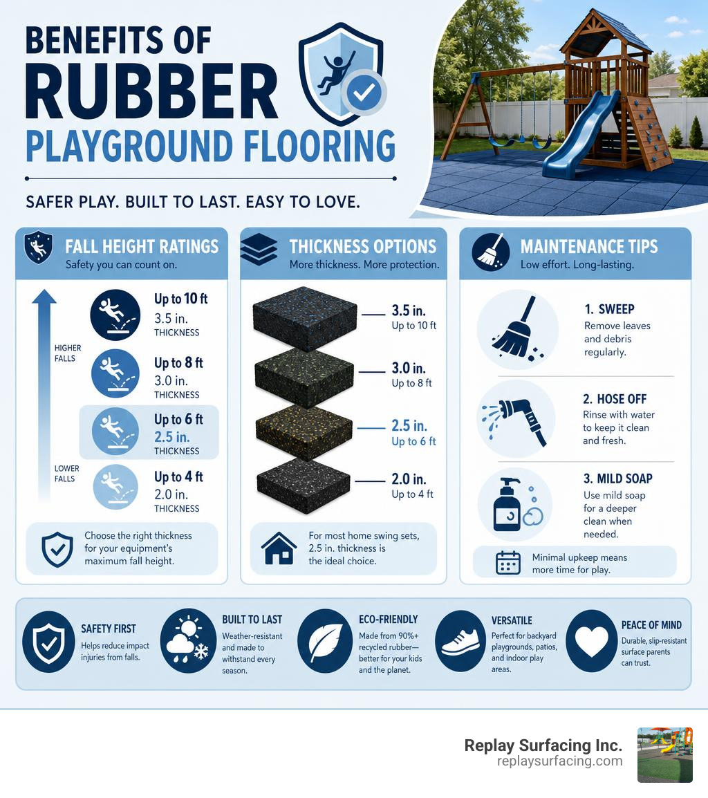 Benefits of rubber playground flooring infographic showing fall height ratings, thickness options, and maintenance tips Benefits of rubber playground flooring infographic showing fall height ratings, thickness options, and maintenance tips