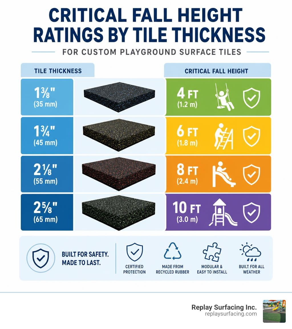 Infographic showing critical fall height ratings by tile thickness for custom playground surface tiles infographic Infographic showing critical fall height ratings by tile thickness for custom playground surface tiles infographic