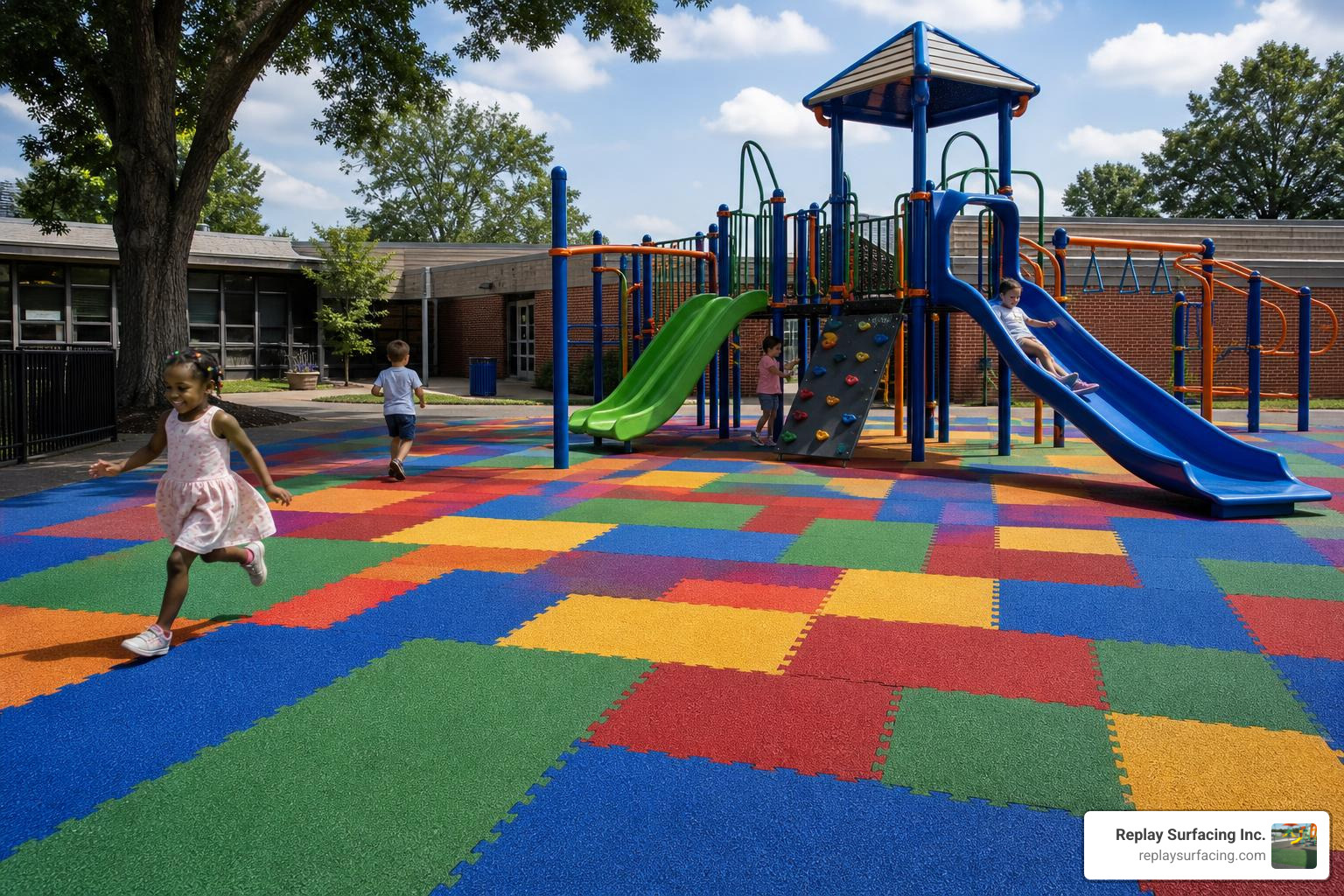 A vibrant custom interlocking tile playground in a sunny schoolyard in Charlotte, NC A vibrant custom interlocking tile playground in a sunny schoolyard in Charlotte, NC