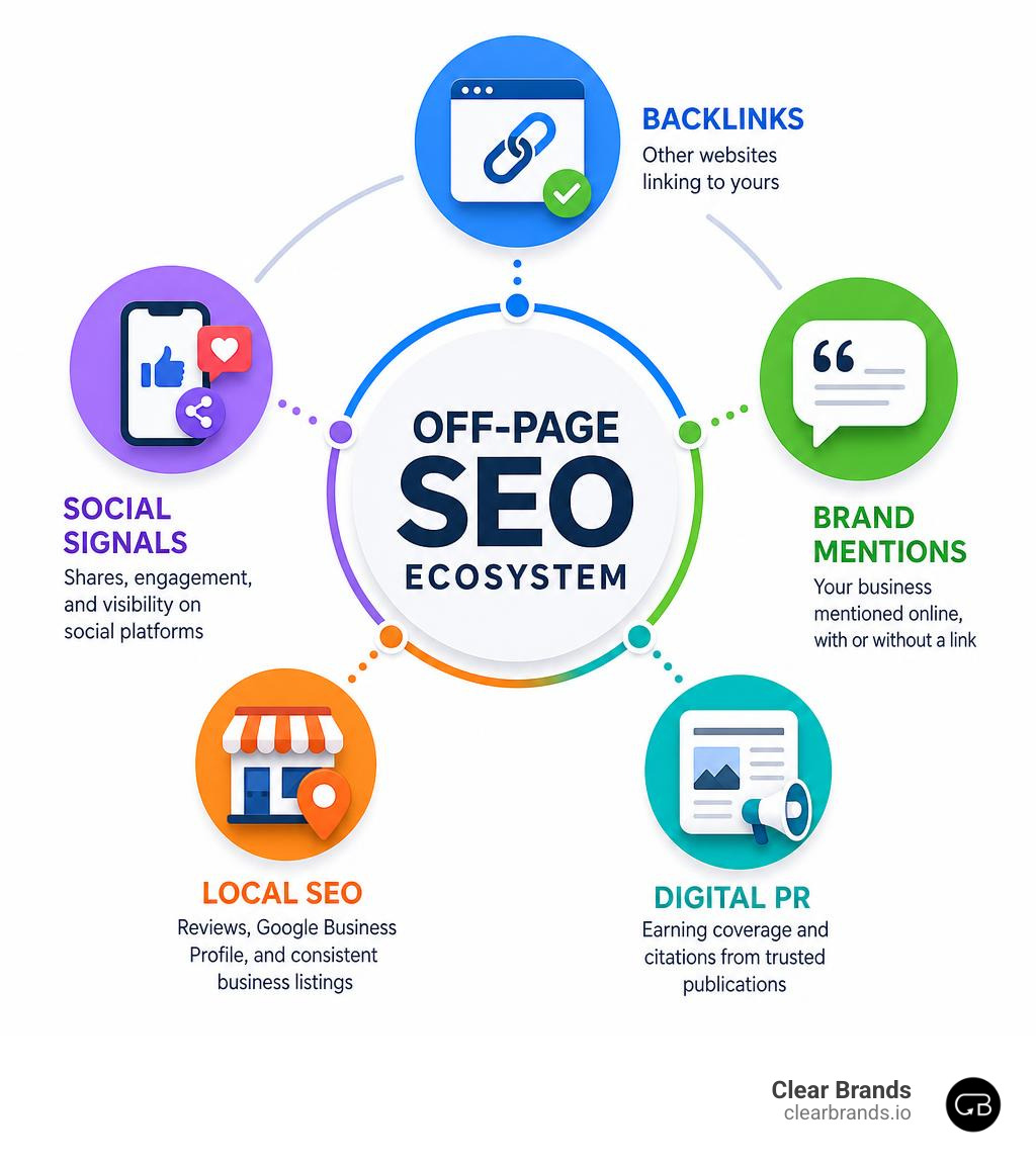 Infographic showing the off-page SEO ecosystem: backlinks, brand mentions, social signals, local SEO, digital PR infographic Infographic showing the off-page SEO ecosystem: backlinks, brand mentions, social signals, local SEO, digital PR infographic