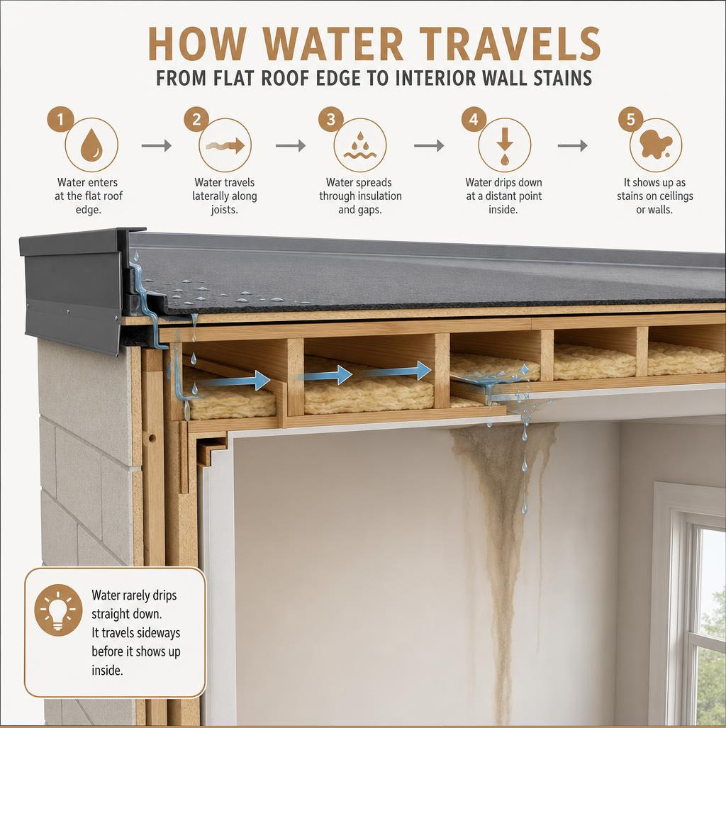 Infographic showing how water travels laterally from flat roof edge through joists to interior wall stains infographic