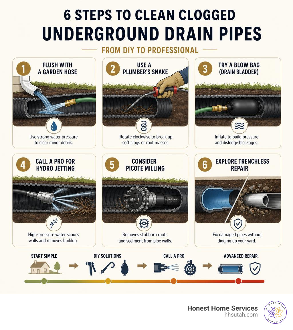 infographic showing 6 steps for cleaning clogged underground drain pipes from DIY to professional infographic infographic showing 6 steps for cleaning clogged underground drain pipes from DIY to professional infographic