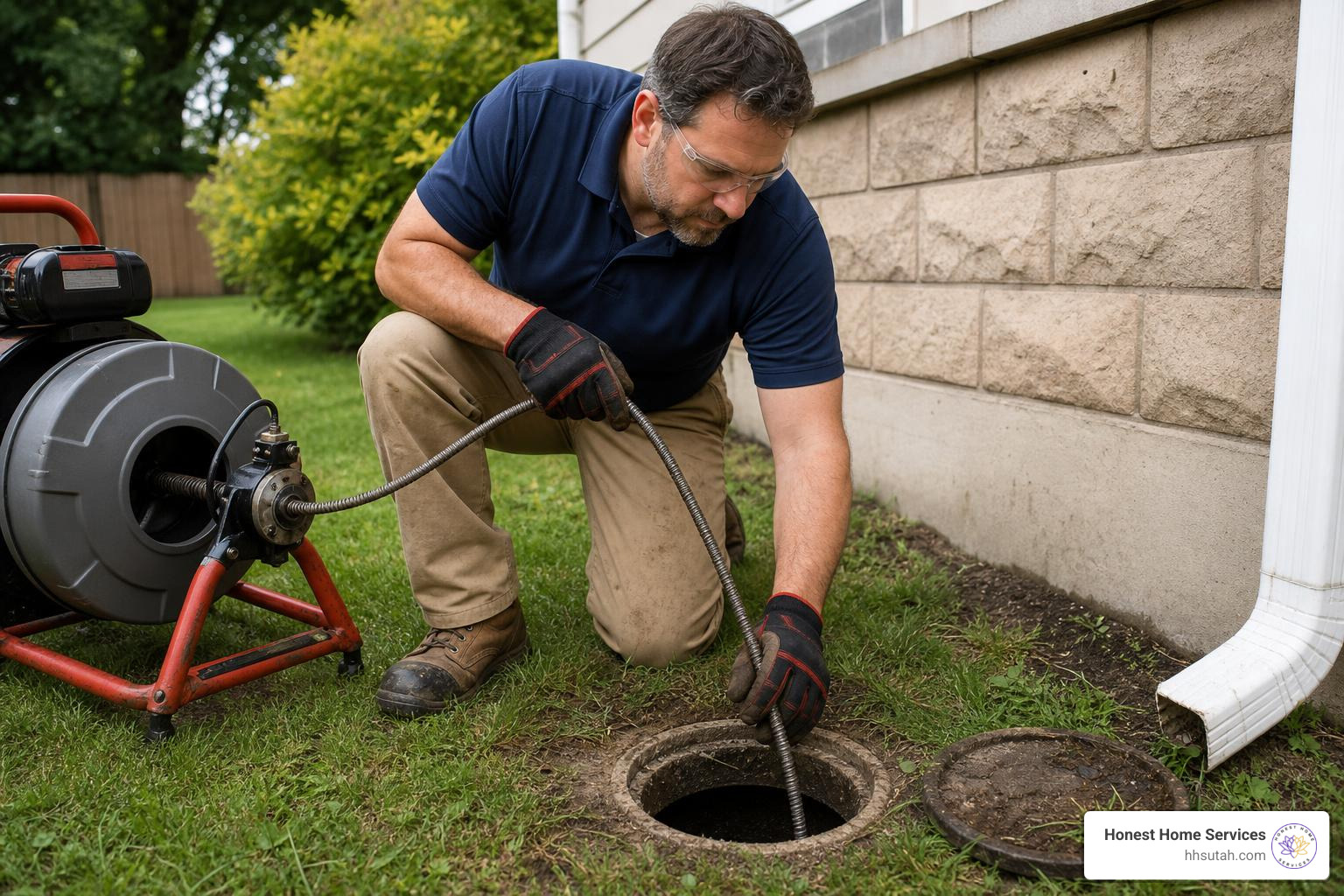 plumber using a drain snake to clear underground line plumber using a drain snake to clear underground line