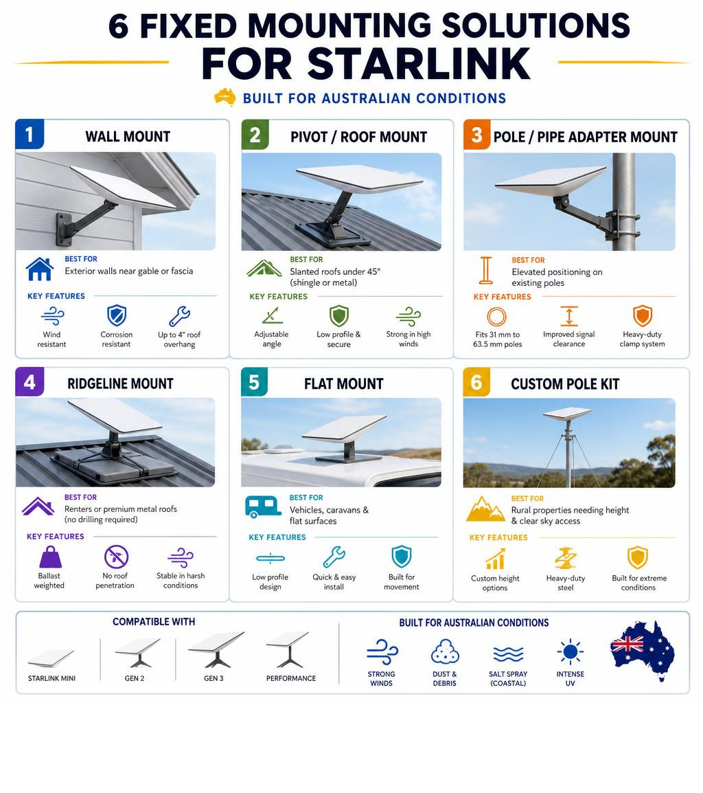 Infographic showing six types of fixed Starlink mounts with use cases, compatibility, and key features for Australian Infographic showing six types of fixed Starlink mounts with use cases, compatibility, and key features for Australian