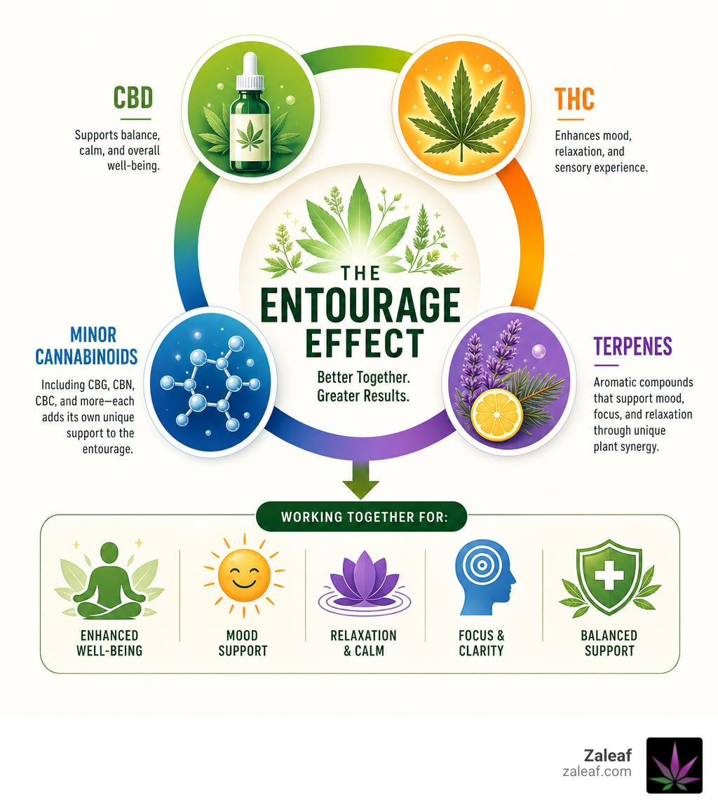 Infographic showing entourage effect components: CBD, THC, terpenes, minor cannabinoids, and their combined benefits