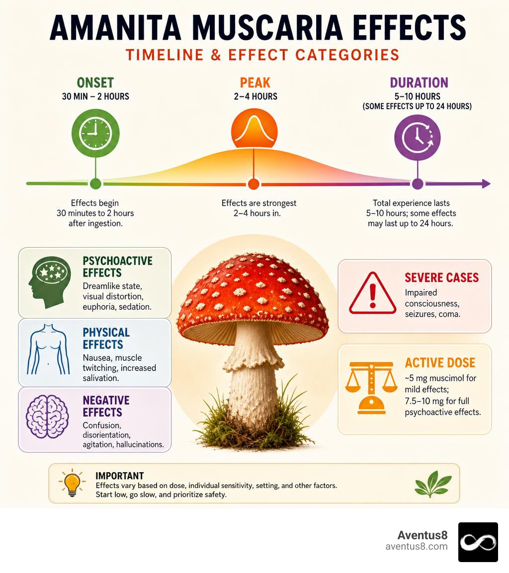 Timeline infographic showing onset, peak, and duration of Amanita muscaria effects with effect categories infographic