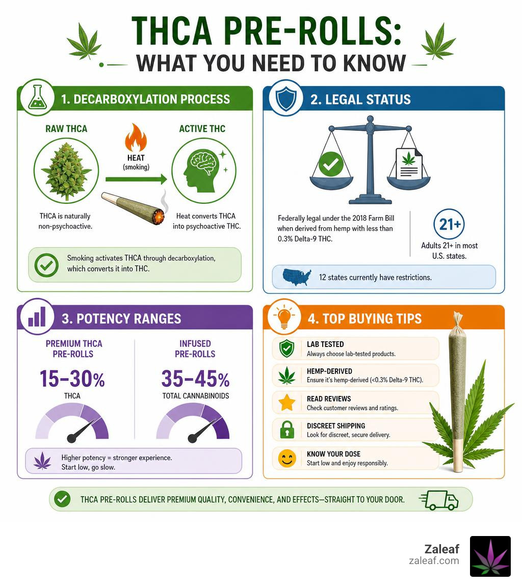 Infographic showing THCa decarboxylation process, legal status, potency ranges, and top buying tips infographic