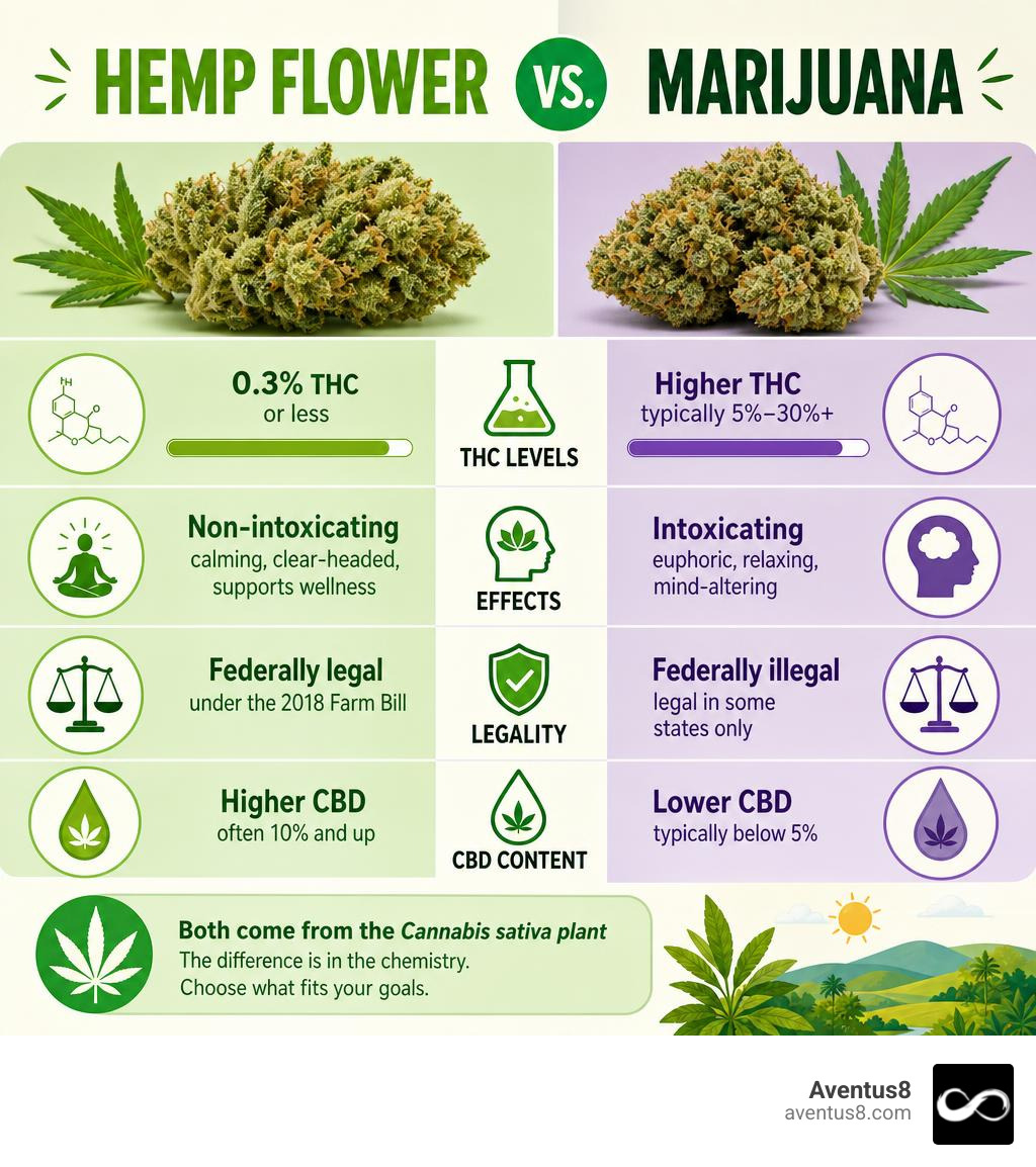 Infographic comparing hemp flower vs marijuana: THC levels, effects, legality, and CBD content side by side infographic