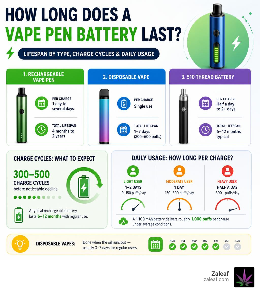 Infographic showing vape pen battery lifespan by type, charge cycles, and daily usage tiers infographic