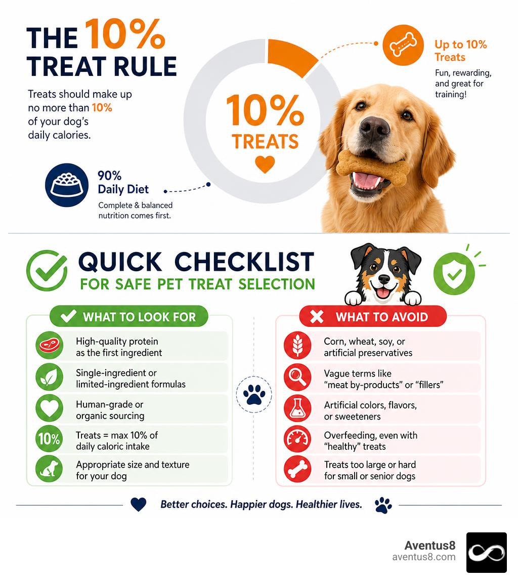 Infographic showing the 10 percent treat rule and quick checklist for safe pet treat selection infographic Infographic showing the 10 percent treat rule and quick checklist for safe pet treat selection infographic