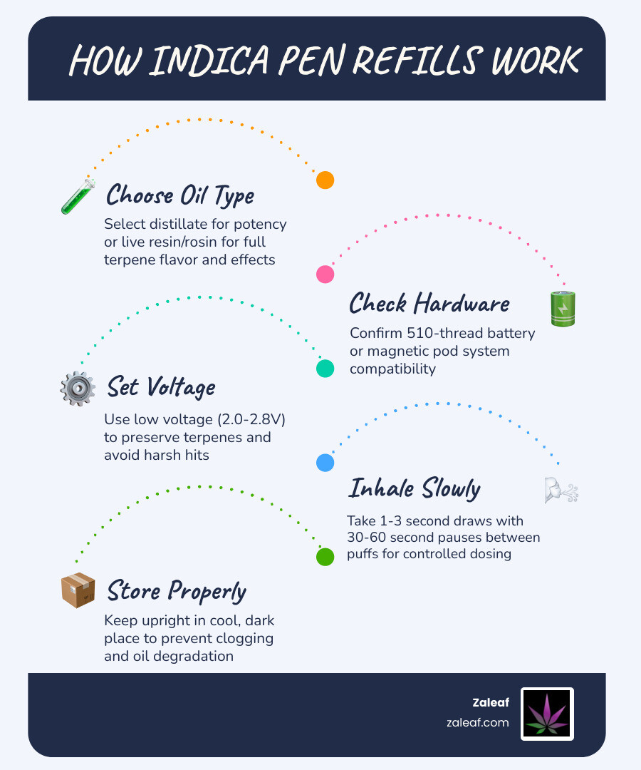 How indica pen refills work: oil types, hardware compatibility, effects timeline, and dosing tips infographic How indica pen refills work: oil types, hardware compatibility, effects timeline, and dosing tips infographic