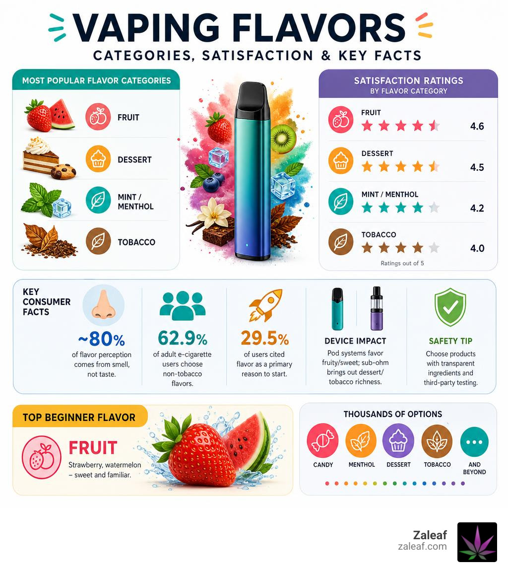 Infographic showing vaping flavor categories, satisfaction ratings, and key consumer facts infographic Infographic showing vaping flavor categories, satisfaction ratings, and key consumer facts infographic