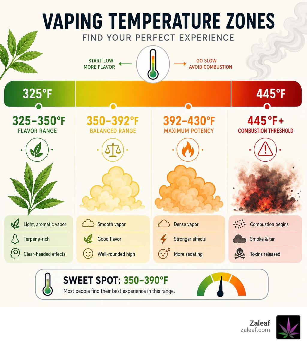 infographic showing vaping temperature zones from 325°F flavor range to 445°F combustion threshold with effects infographic