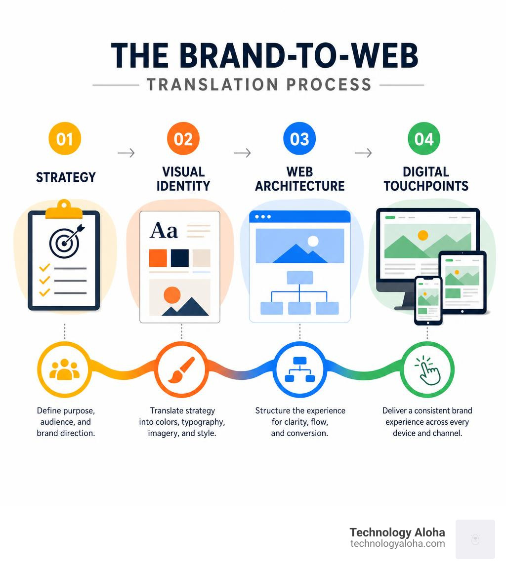 Infographic showing the brand-to-web translation process: strategy to visual identity to web architecture to digital