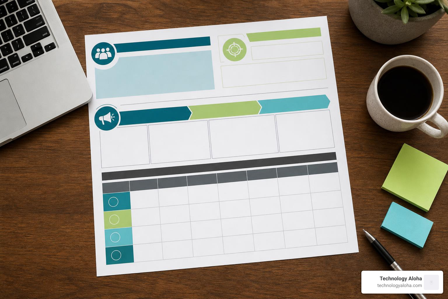 Marketing plan template layout showing target audience, channels, and weekly actions