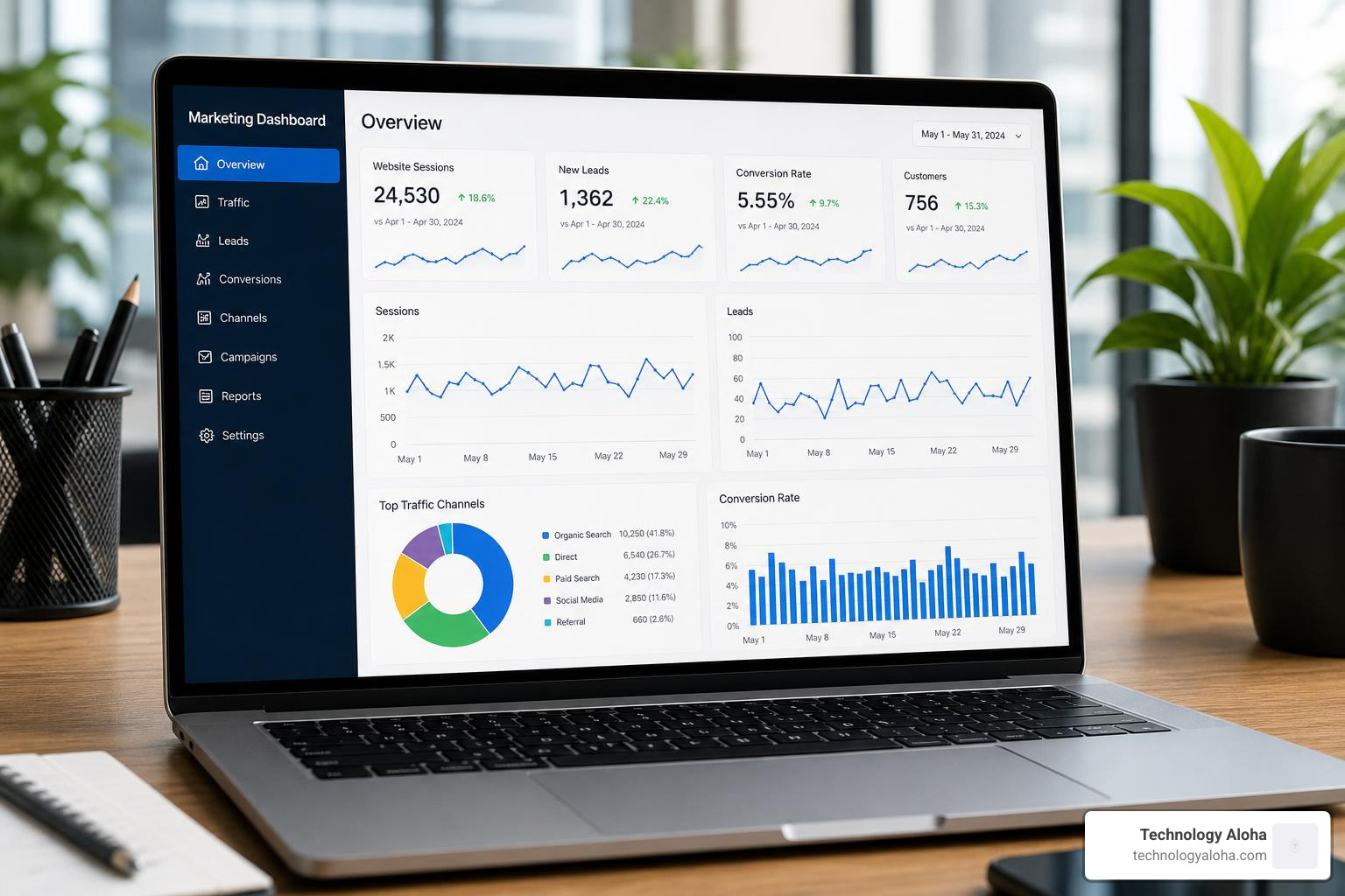 Digital marketing KPI dashboard tracking website traffic, leads, and conversion rates