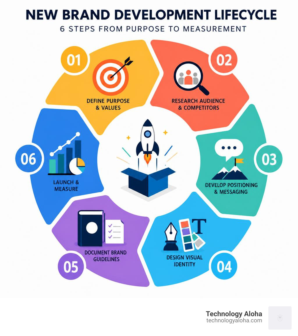 New brand development lifecycle infographic: 6 steps from purpose to measurement with brand colors infographic New brand development lifecycle infographic: 6 steps from purpose to measurement with brand colors infographic