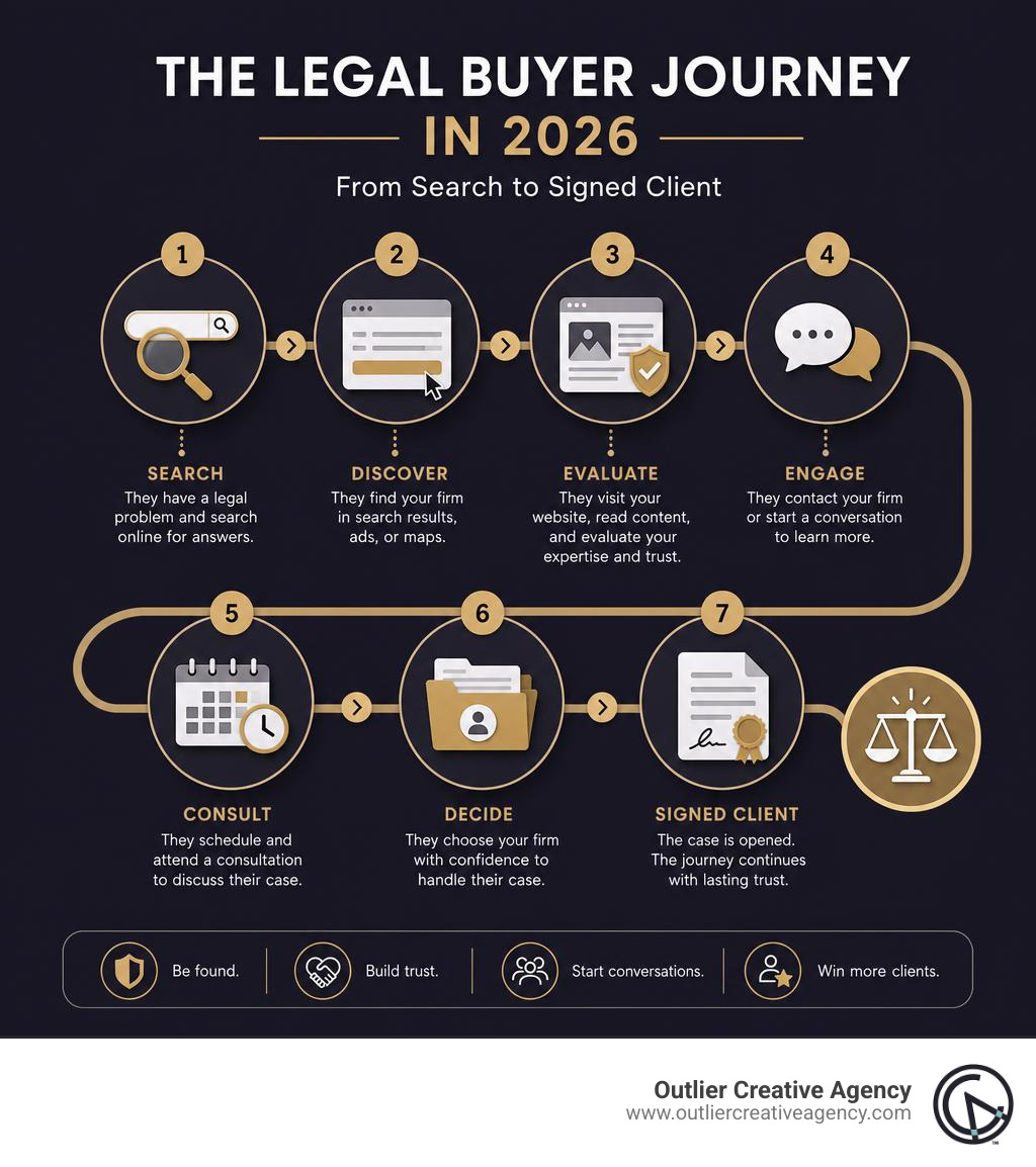 infographic showing the legal buyer journey in 2026 from search to signed client infographic