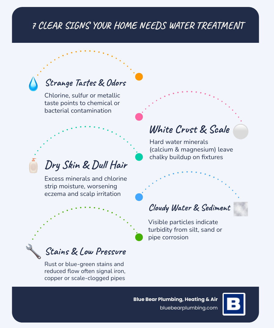 infographic showing 7 signs your home needs water treatment with contaminant causes listed for each infographic infographic showing 7 signs your home needs water treatment with contaminant causes listed for each infographic