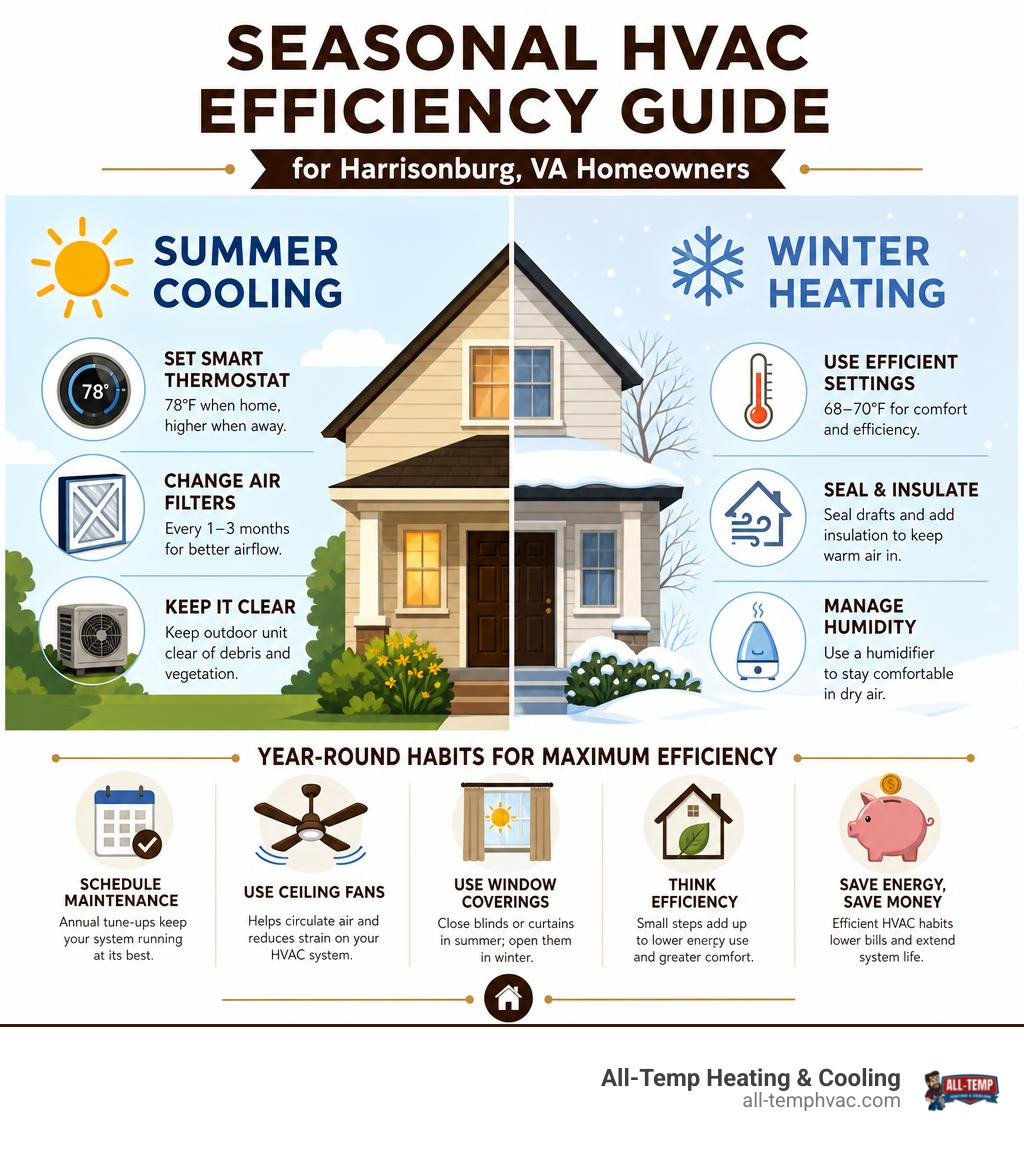 Seasonal HVAC efficiency guide for Harrisonburg VA homeowners showing summer cooling and winter heating tips infographic