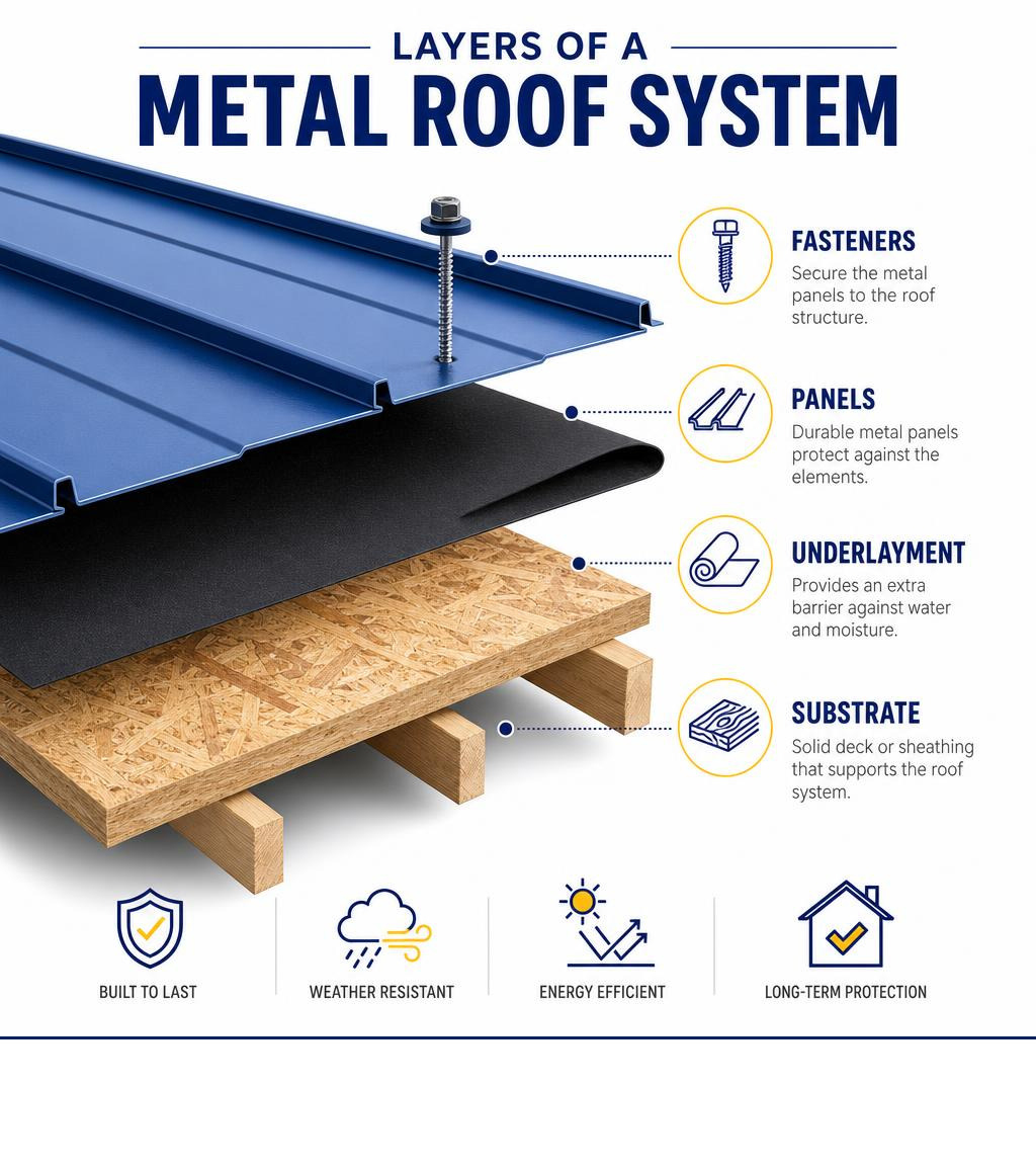 Infographic showing layers of a metal roof system including substrate, underlayment, panels, and fasteners infographic Infographic showing layers of a metal roof system including substrate, underlayment, panels, and fasteners infographic
