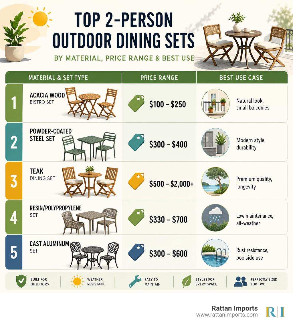 Infographic showing top 2-person outdoor dining set types by material, price range, and best use case infographic Infographic showing top 2-person outdoor dining set types by material, price range, and best use case infographic