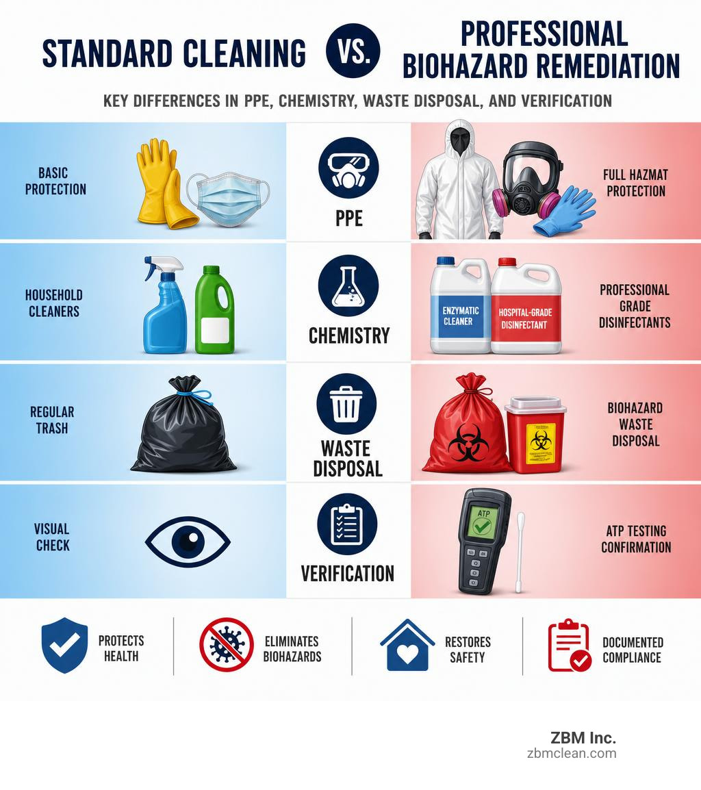 Infographic: Standard Cleaning vs. Professional Biohazard Remediation — key differences in PPE, chemistry, waste disposal Infographic: Standard Cleaning vs. Professional Biohazard Remediation — key differences in PPE, chemistry, waste disposal