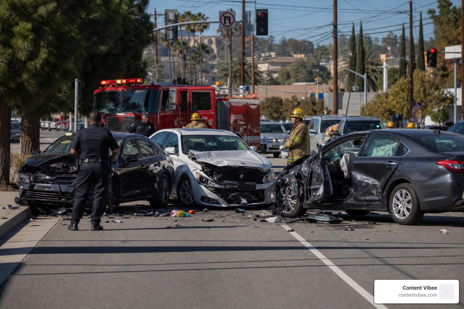 Investigation of a multi-vehicle car accident scene in Los Angeles