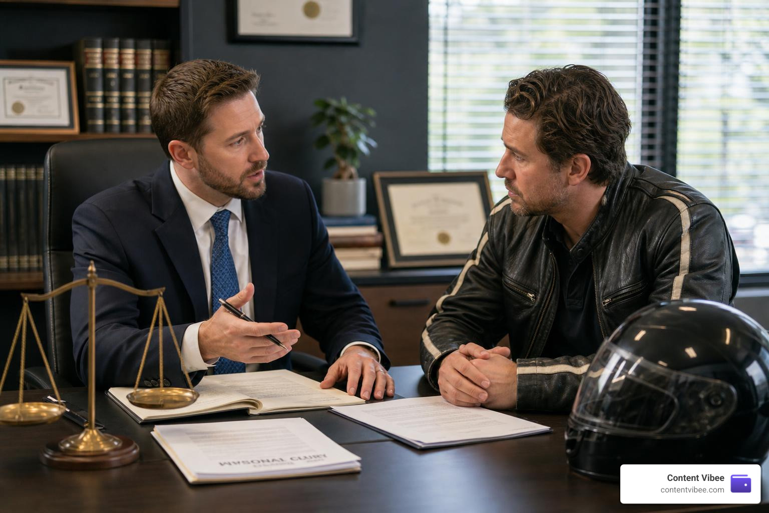 attorney consulting injured motorcycle client
