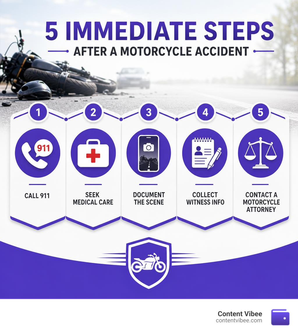 Infographic showing 5 immediate steps after a motorcycle accident: call 911, seek medical care, document the scene, collect