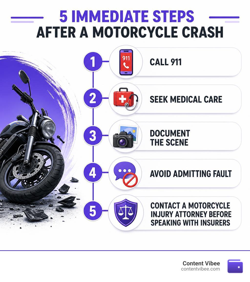 Infographic showing 5 immediate steps after a motorcycle crash: 1. Call 911, 2. Seek medical care, 3. Document the scene, 4.