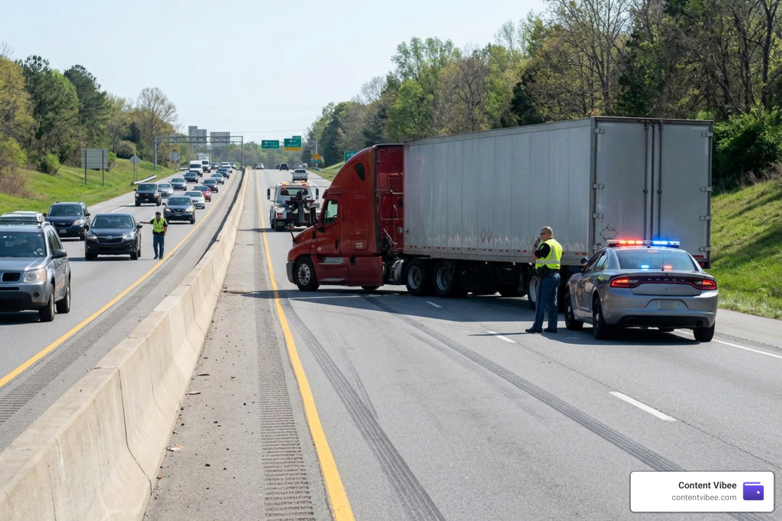 jackknifed semi-truck accident scene