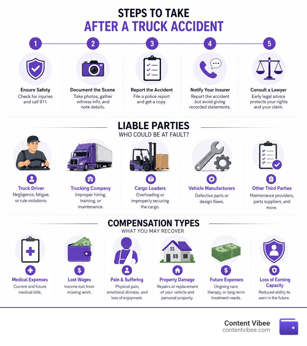Steps to take after a truck accident, liable parties, and compensation types infographic infographic
