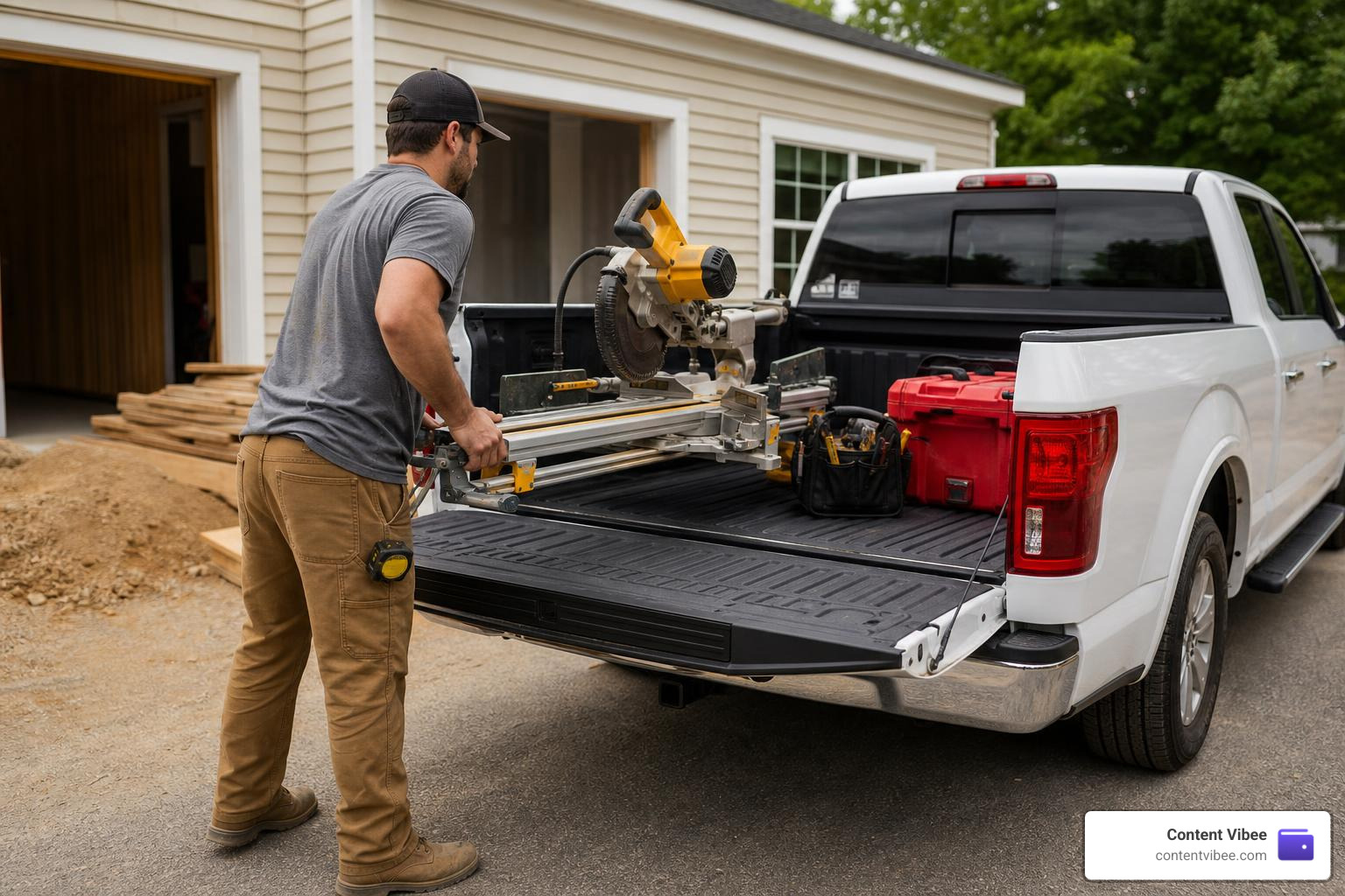 Contractor loading heavy tools into the back of a commercial pickup truck