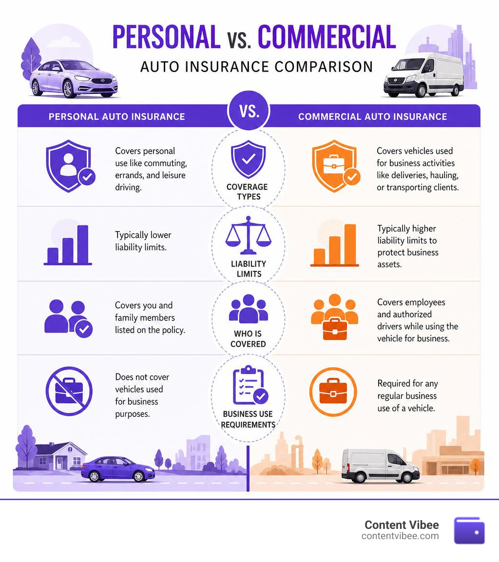 Infographic comparing personal vs commercial auto insurance: coverage types, liability limits, who is covered, and business