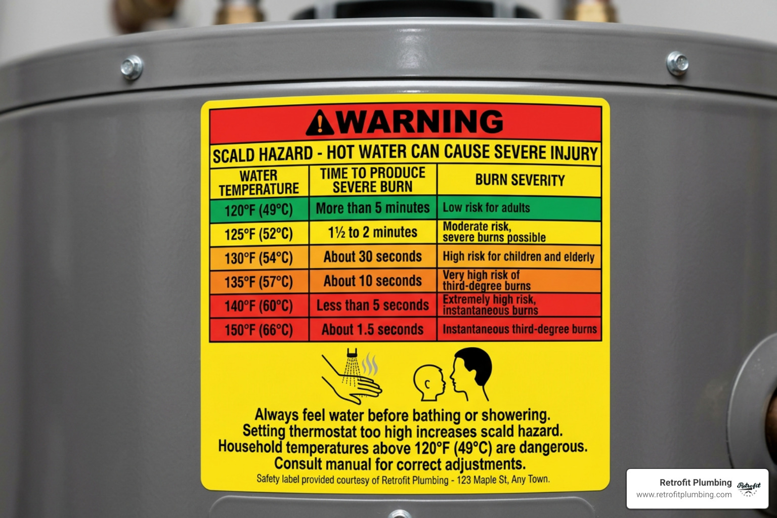 water heater safety warning label detailing scald hazard temperatures water heater safety warning label detailing scald hazard temperatures