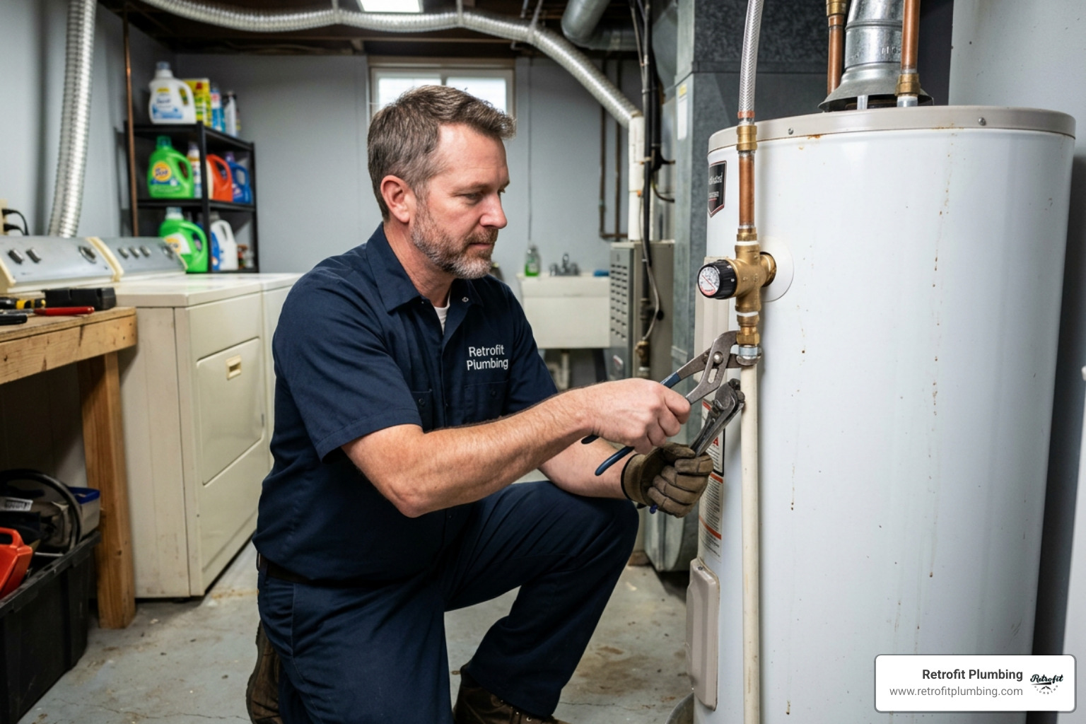 professional plumber replacing a water heater mixing valve professional plumber replacing a water heater mixing valve