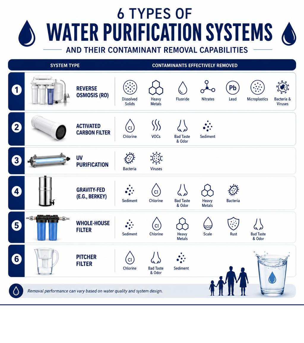 Infographic showing 6 types of water purification systems and their contaminant removal capabilities infographic